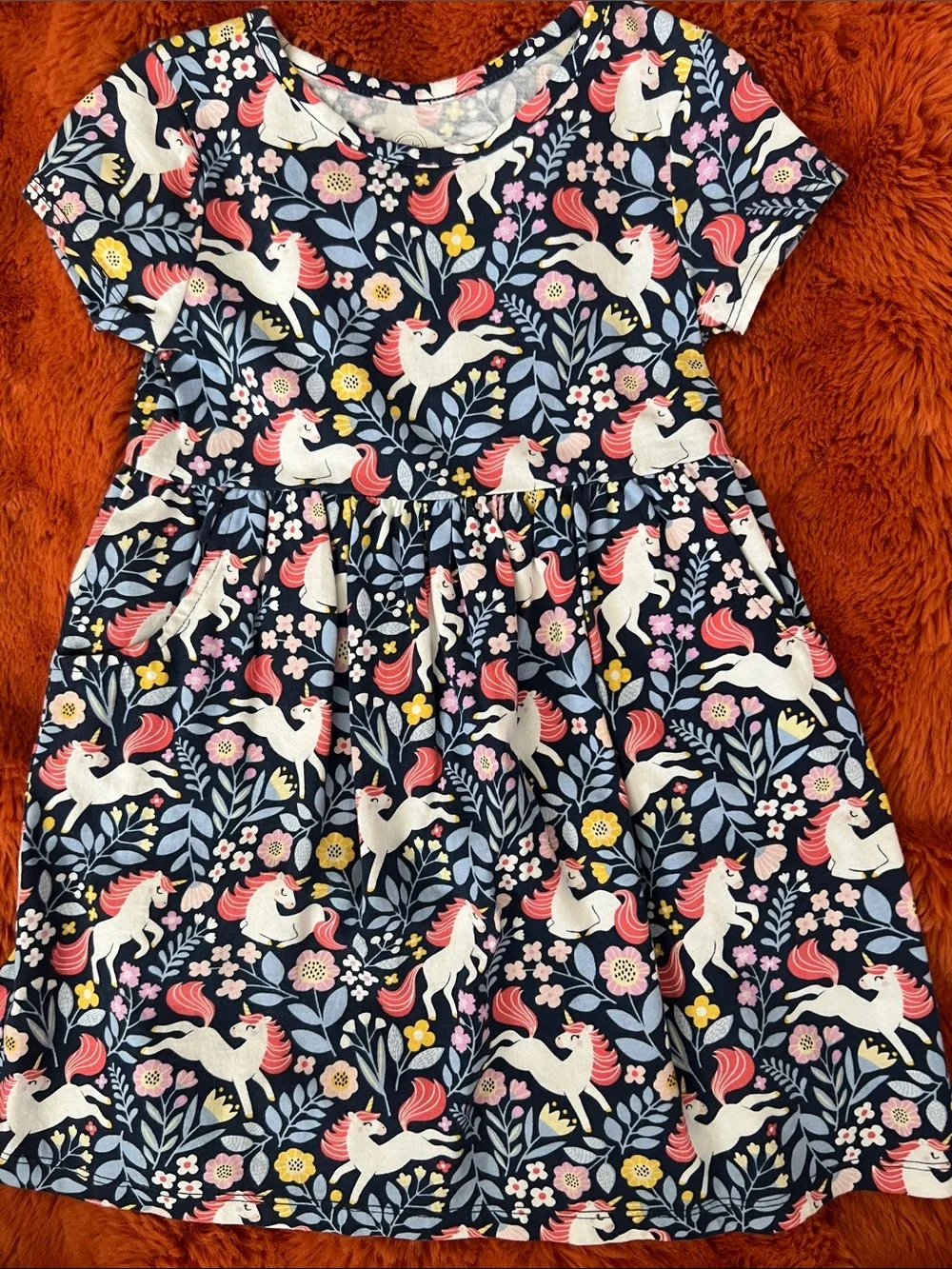 wonder nation Navy Unicorn Floral Short Sleeve Dress with Pink Accents